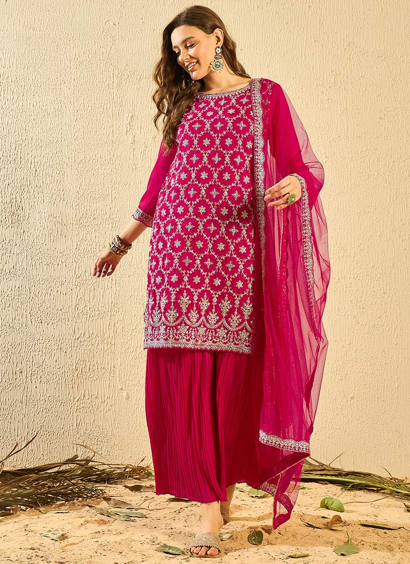 Pink Silk Embroidered Palazzo Suit Festive Wear