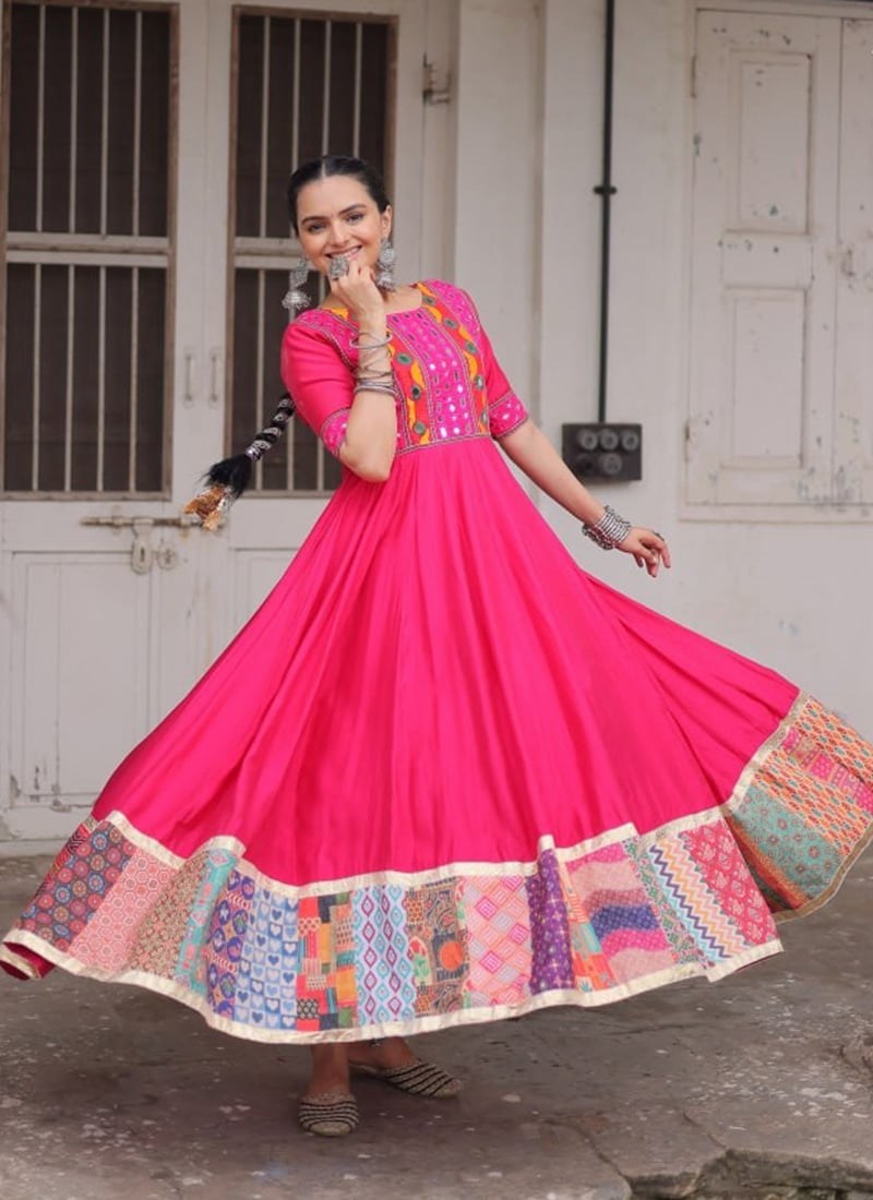 Pink Silk Embroidered Printed Anarkali Gown After Six Wear