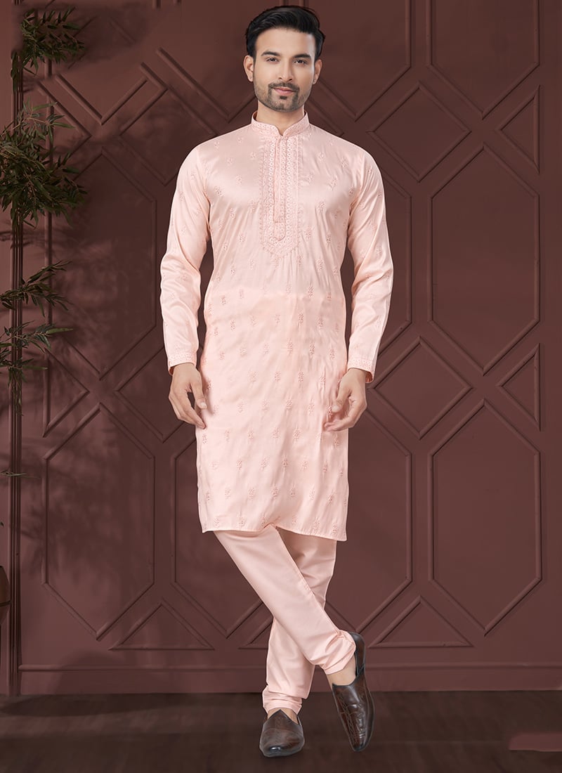 Pink Silk Embroidered Sequin Mens Kurta Pyjama Set Festive Wear