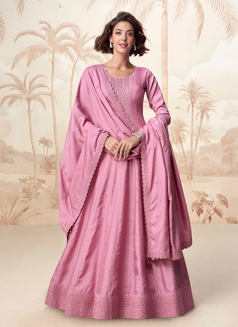 Pink Silk Embroidered Sequins A Line Anarkali Suit Festive Wear-SLSCC568410230