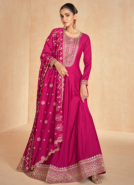 Pink Silk Embroidered Sequins Abaya Style Classy Anarkali Suit