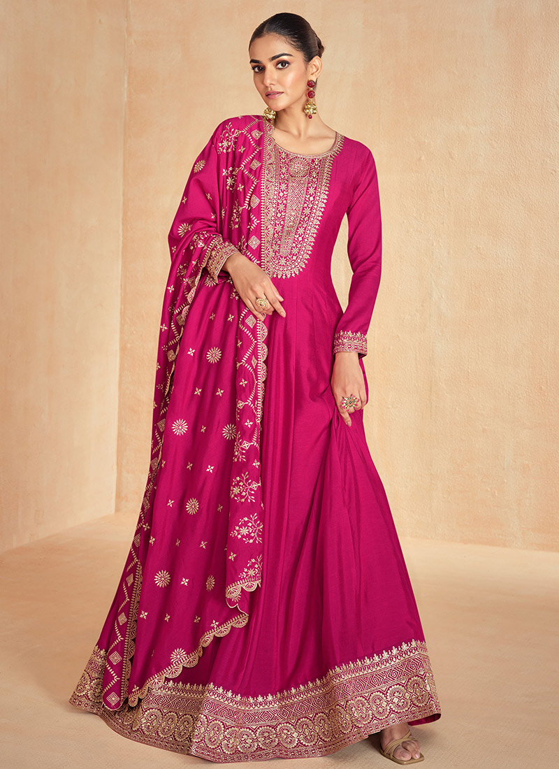 Pink Silk Embroidered Sequins Abaya Style Classy Anarkali Suit Festive Wear