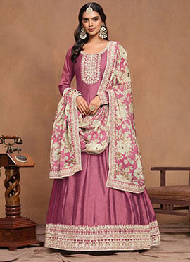 Pink Silk Embroidered Sequins Anarkali Suit With Floral Printed Dupatta