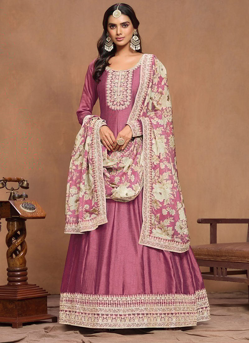 Pink Silk Embroidered Sequins Anarkali Suit With Floral Printed Dupatta Festive Wear