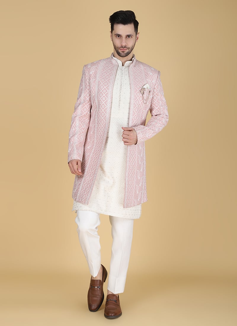 Pink Silk Embroidered Sequins And Beads Indowestern Sherwani