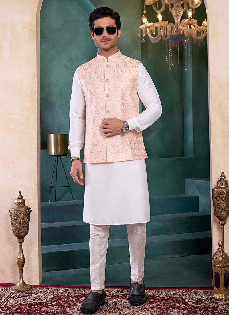 Pink Silk Embroidered Sequins Bandhgala Jacket