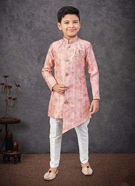 Pink Silk Embroidered Sequins Boys Indowestern Sherwani