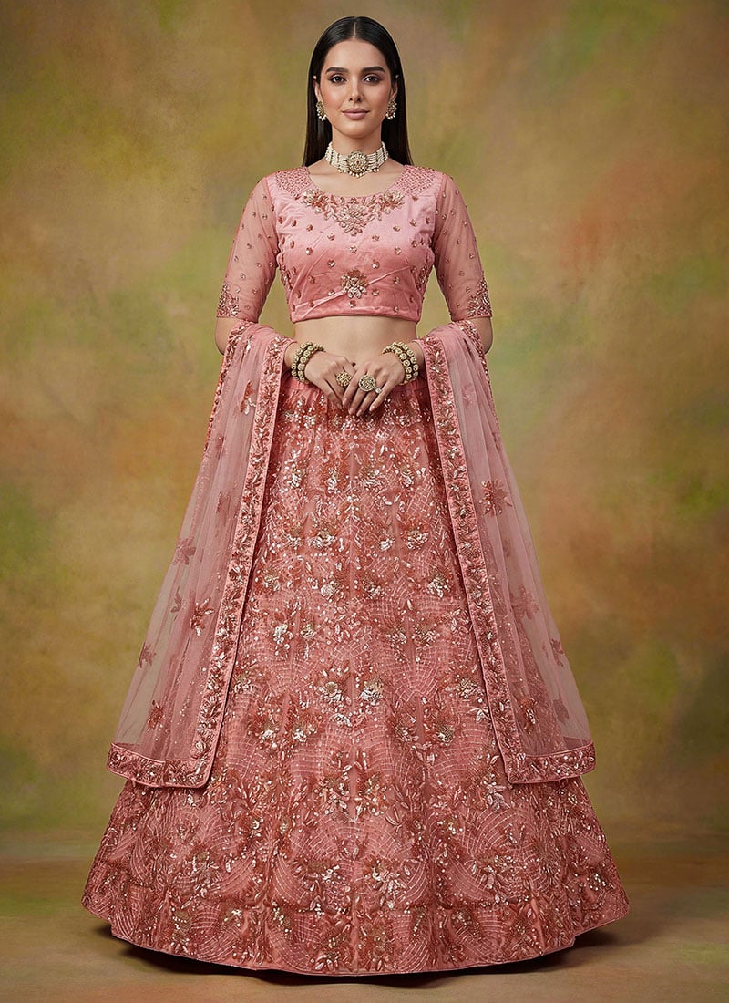 Pink Silk Embroidered Sequins Elegant Lehenga Wedding Wear