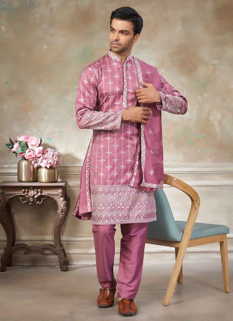 Pink Silk Embroidered Sequins Graceful Kurta Pyjama With Stole For Men Festive Wear