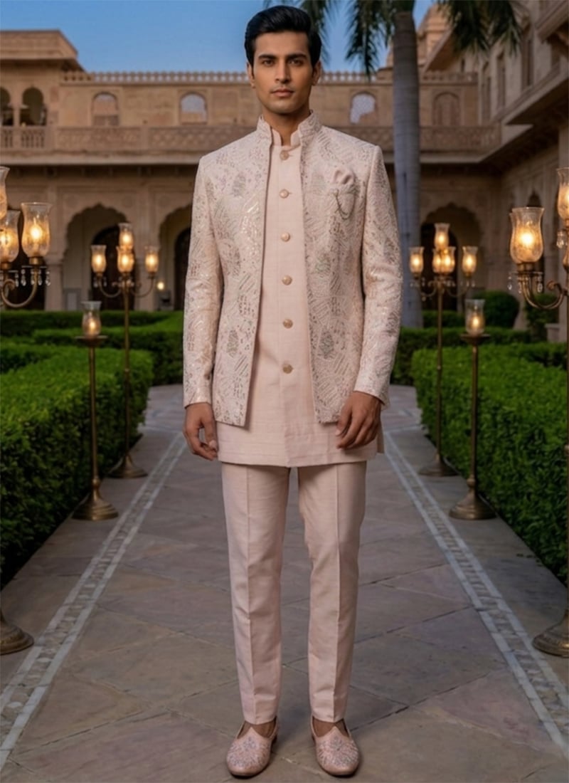 Pink Silk Embroidered Sequins Indowestern Sherwani  Wedding Wear