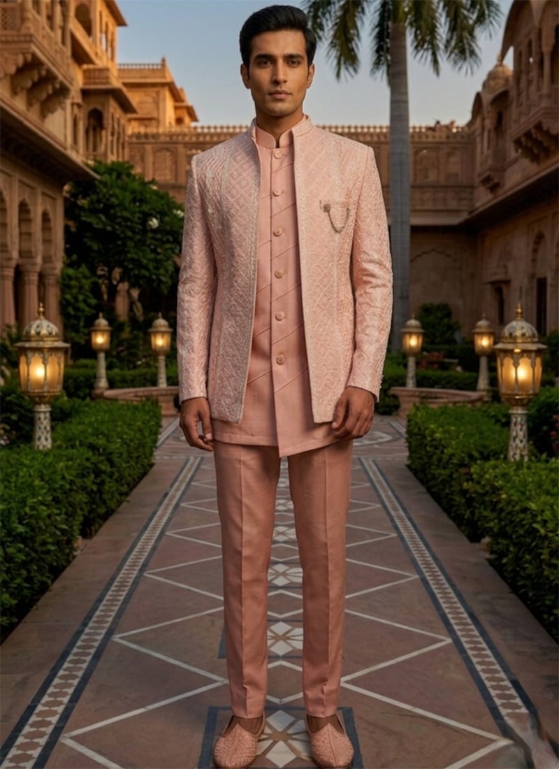 Pink Silk Embroidered Sequins Indowestern Sherwani  Wedding Wear