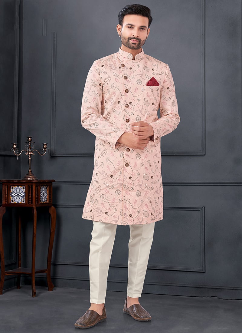 Pink Silk Embroidered Sequins Indowestern Sherwani  Wedding Wear