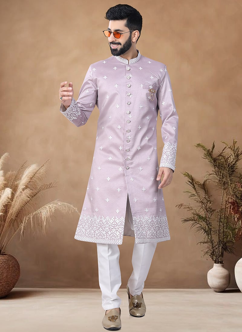 Pink Silk Embroidered Sequins Indowestern Sherwani Wedding Wear