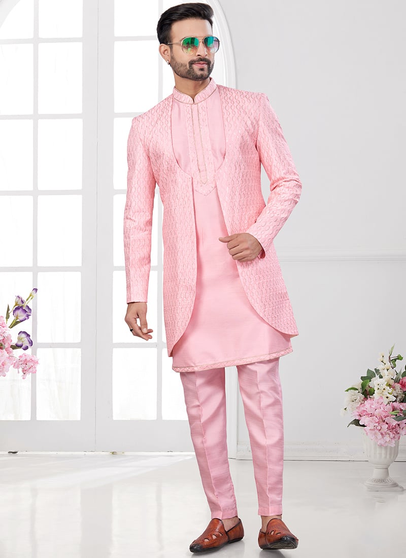 Pink Silk Embroidered Sequins Indowestern Sherwani Wedding Wear