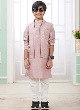 Pink Silk Embroidered Sequins Kids Boys Bandi Set
