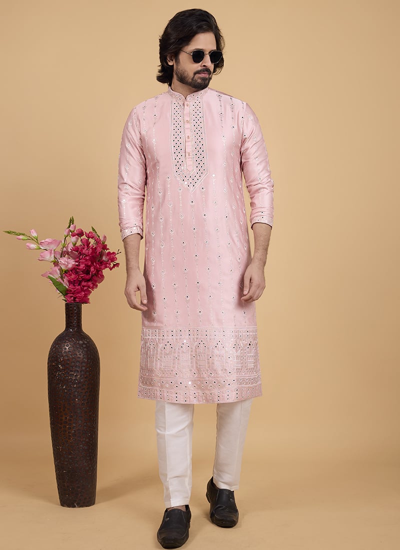 Pink Silk Embroidered Sequins Kurta Pyjama Festive Wear