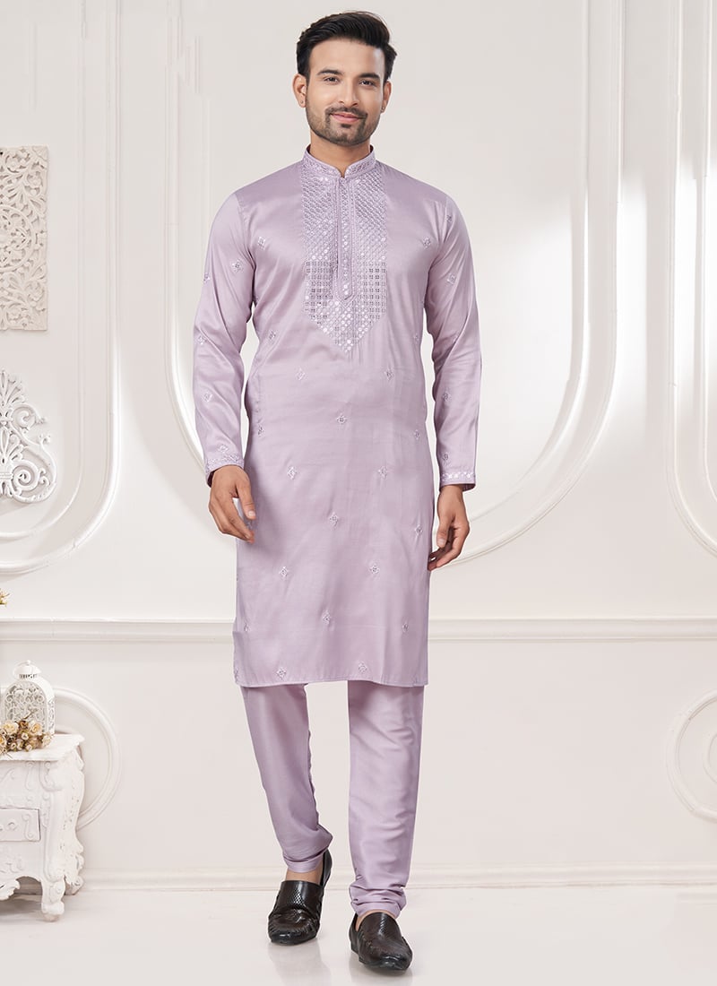 Pink Silk Embroidered Sequins Kurta Pyjama Festive Wear