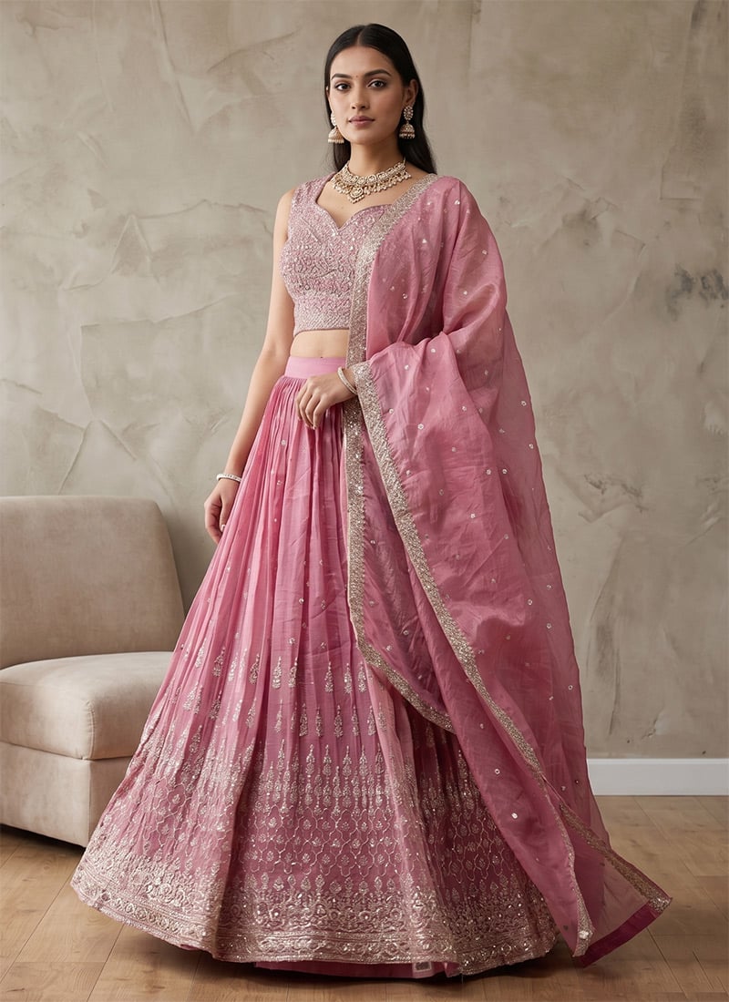 Pink Silk Embroidered Sequins Lehenga After Six Wear