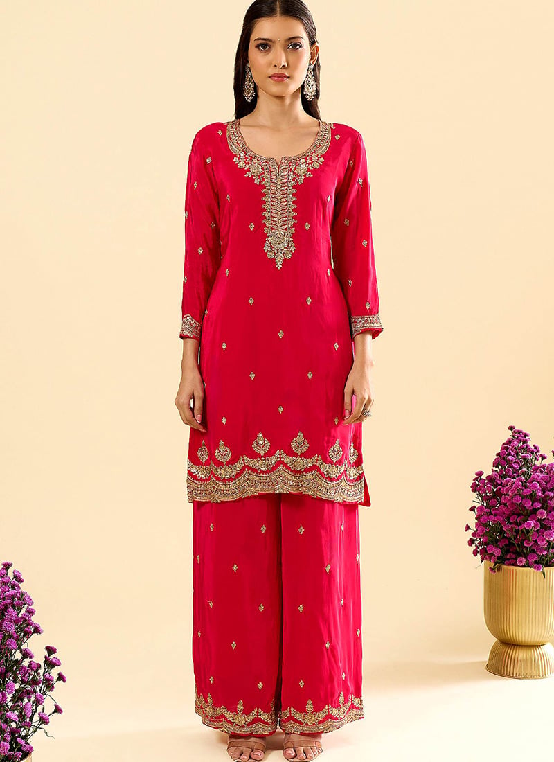 Pink Silk Embroidered Sequins Palazzo Suit Festive Wear