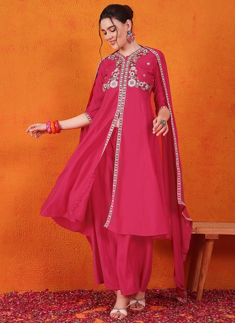 Pink Silk Embroidered Sequins Palazzo Suit Festive Wear