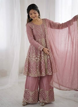 Pink Silk Embroidered Sequins Palazzo Suit