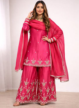 Pink Silk Embroidered Sequins Palazzo Suit