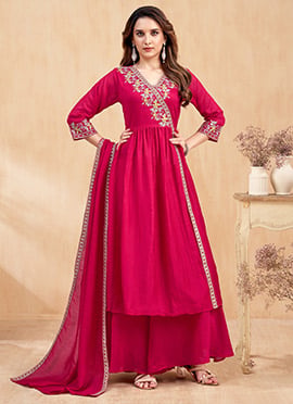 Pink Silk Embroidered Sequins Palazzo Suit