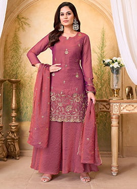 Pink Silk Embroidered Sequins Palazzo Suit