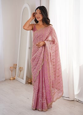 Pink Silk Embroidered Sequins Saree