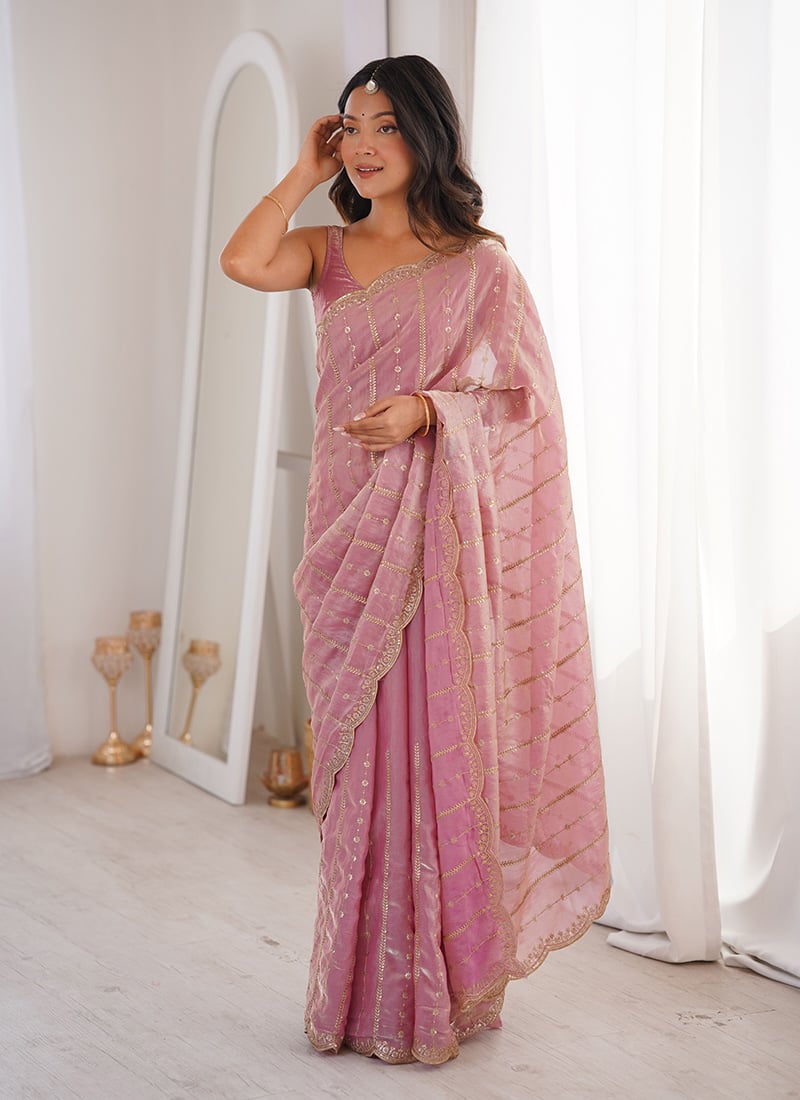 Pink Silk Embroidered Sequins Saree Party Wear