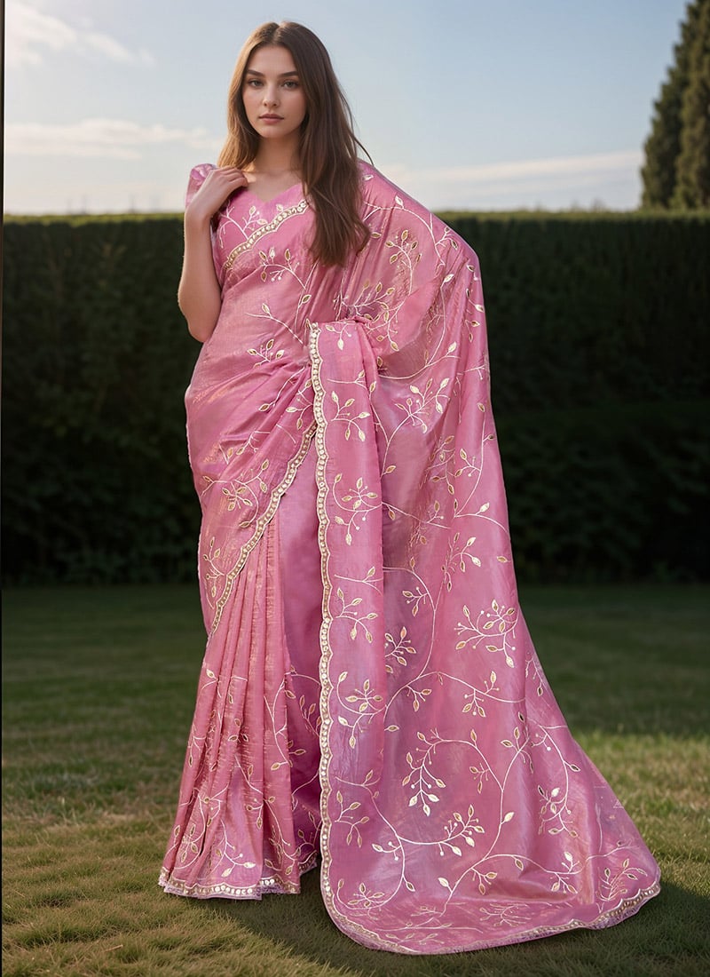 Pink Silk Embroidered Sequins Saree Festive Wear