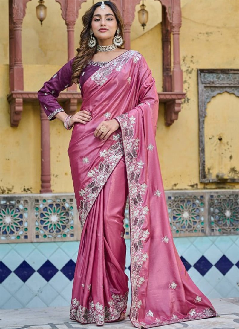 Pink Silk Embroidered Sequins Saree Festive Wear