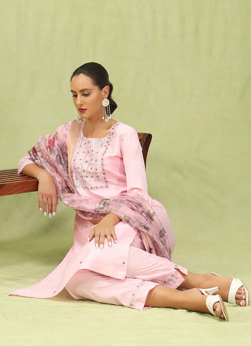Pink Silk Embroidered Sequins Straight Pant Suit With Digital Print Dupatta