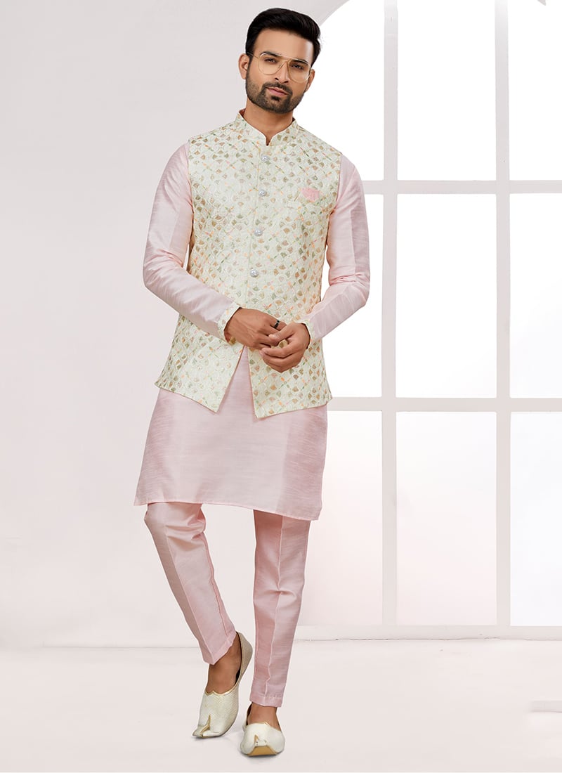 Pink Silk Embroidered Sequins Thread Bandi Set Festive Wear