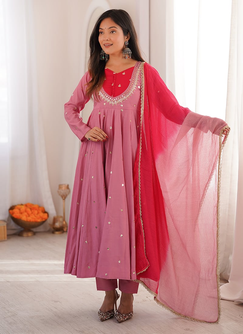 Pink Silk Embroidered Sequins With Mirror Work Anarkali Suit Festive Wear