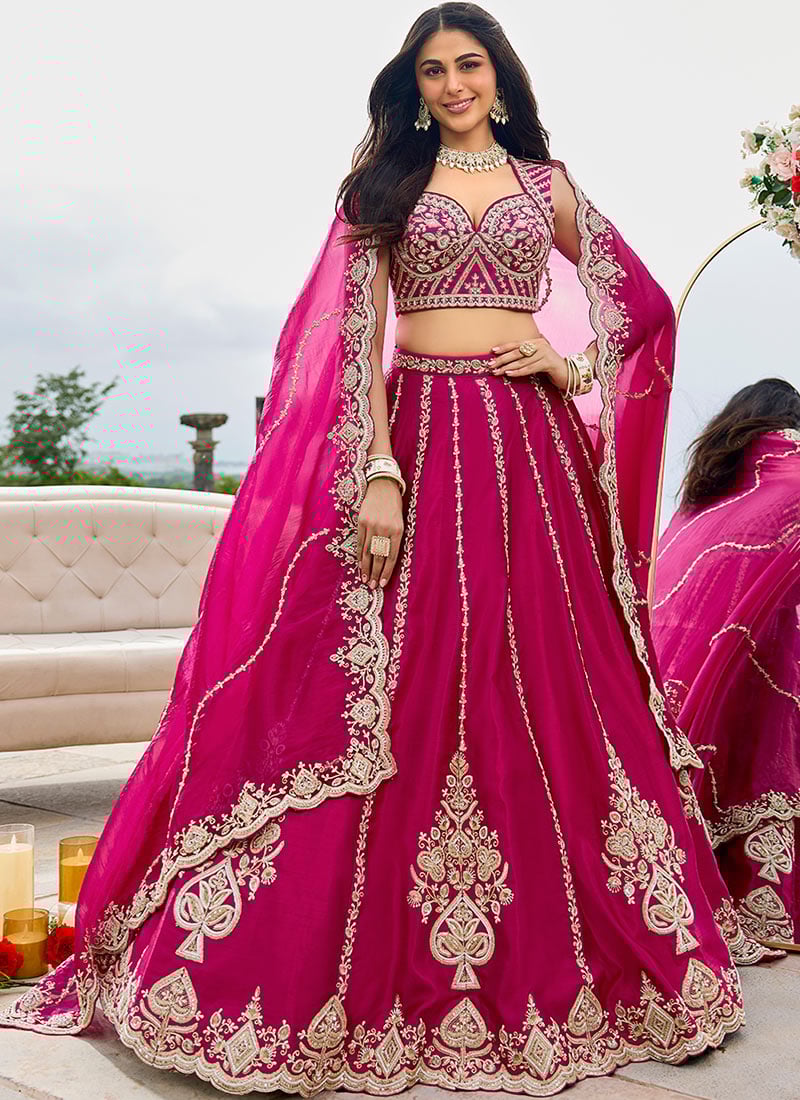 Pink Silk Embroidered Sequins Zari Beads Work Lehenga Wedding Wear