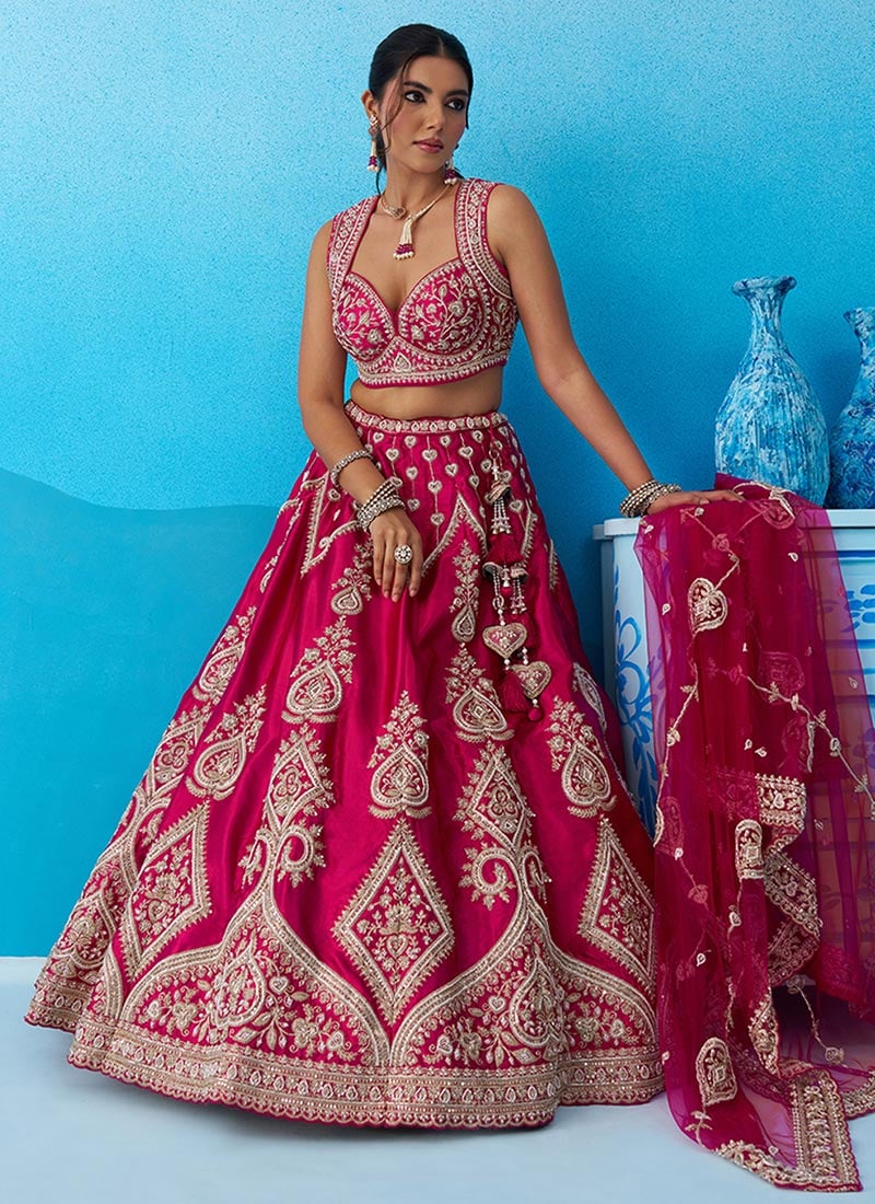 Pink Silk Embroidered Sequins Zari Beads Work Lehenga Wedding Wear