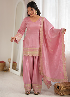 Pink Silk Embroidered Sequins Zari Farshit Suit