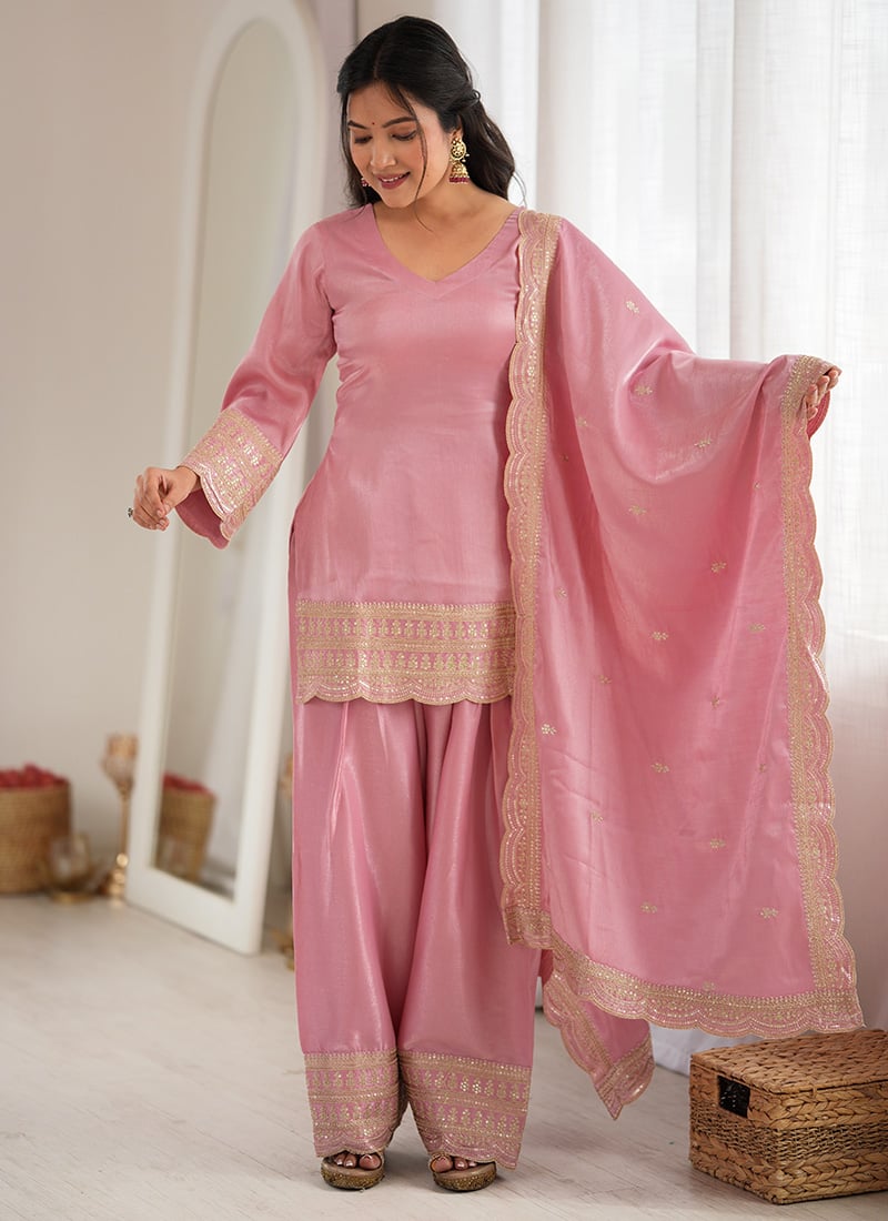 Pink Silk Embroidered Sequins Zari Farshit Suit Festive Wear