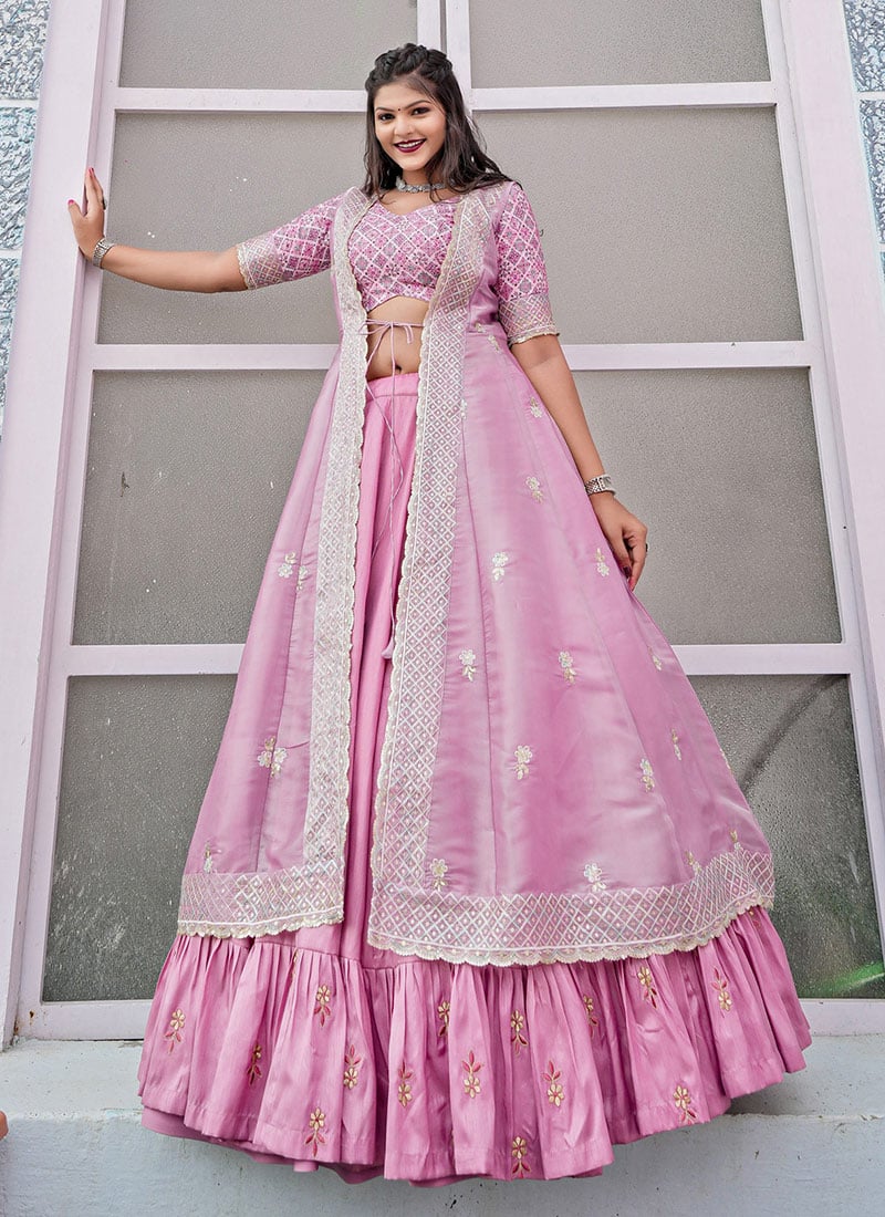 Pink Silk Embroidered Sequins Zari Umbrella Lehenga Wedding Wear