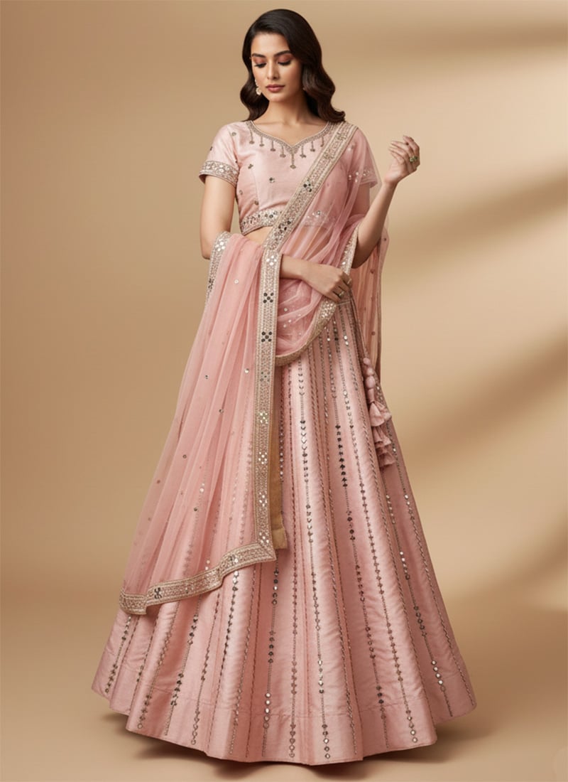 Pink Silk Embroidered Stones Mirror Work Umbrella Lehenga Wedding Wear