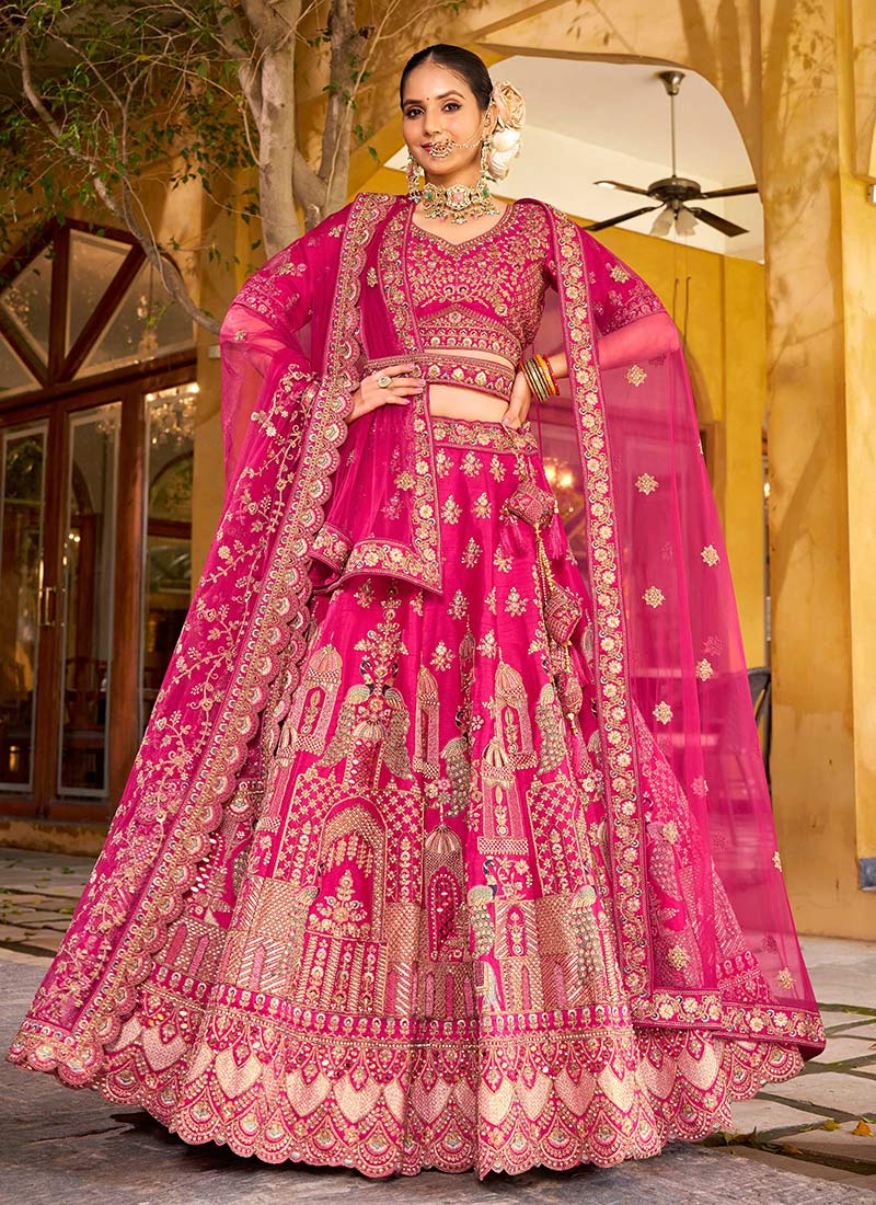 Pink Silk Embroidered Stones Sequins Zari Thread Umbrella Lehenga Wedding Wear