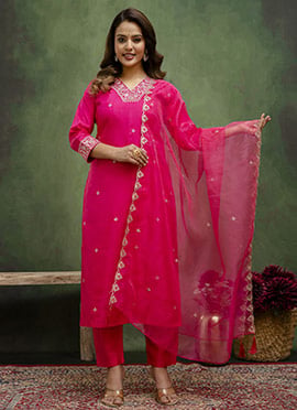 Pink Silk Embroidered Straight Pant Suit