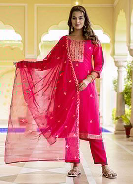 Pink Silk Embroidered Straight Pant Suit