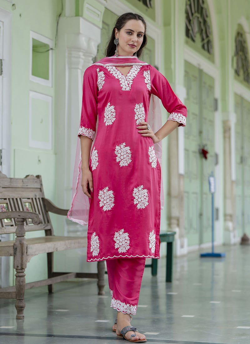 Pink Silk Embroidered Straight Pant Suit Festive Wear