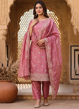 Pink Silk Embroidered Straight Pant Suit