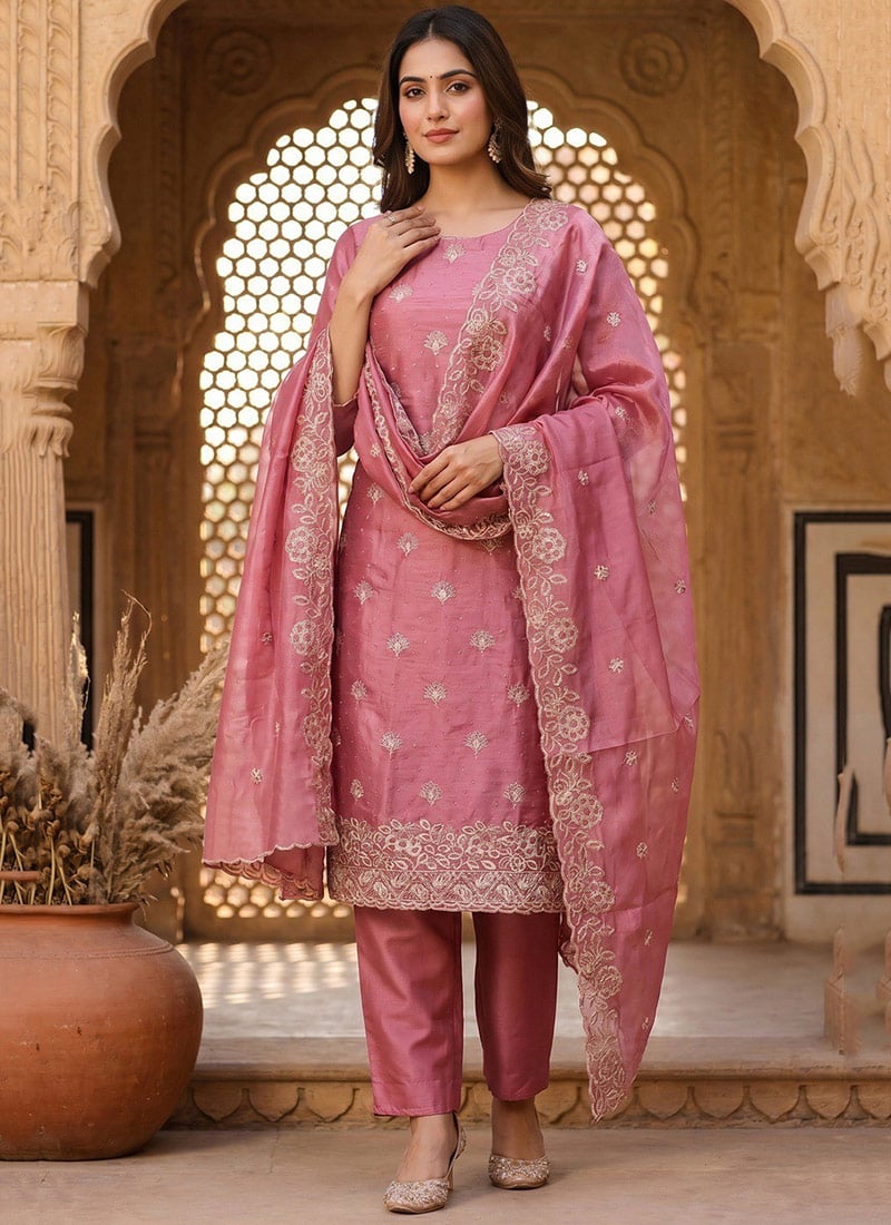 Pink Silk Embroidered Straight Pant Suit Festive Wear
