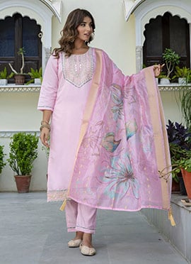 Pink Silk Embroidered Straight Pant Suit With Digital Print Dupatta