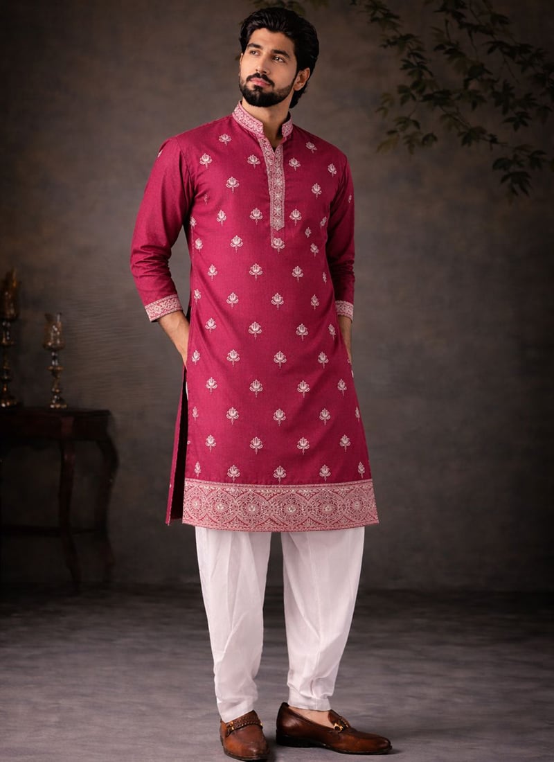 Pink Silk Embroidered Thread Kurta Pyjama Festive Wear