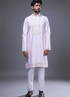 Pink Silk Embroidered With Mirror Work Kurta Pyjama